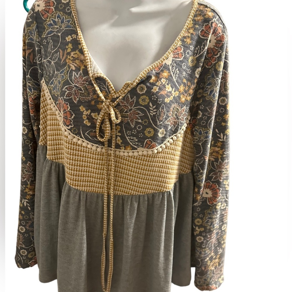 Grey & Rust Ethnic Floral Pointelle Pompom Lace Top large by sugarfox